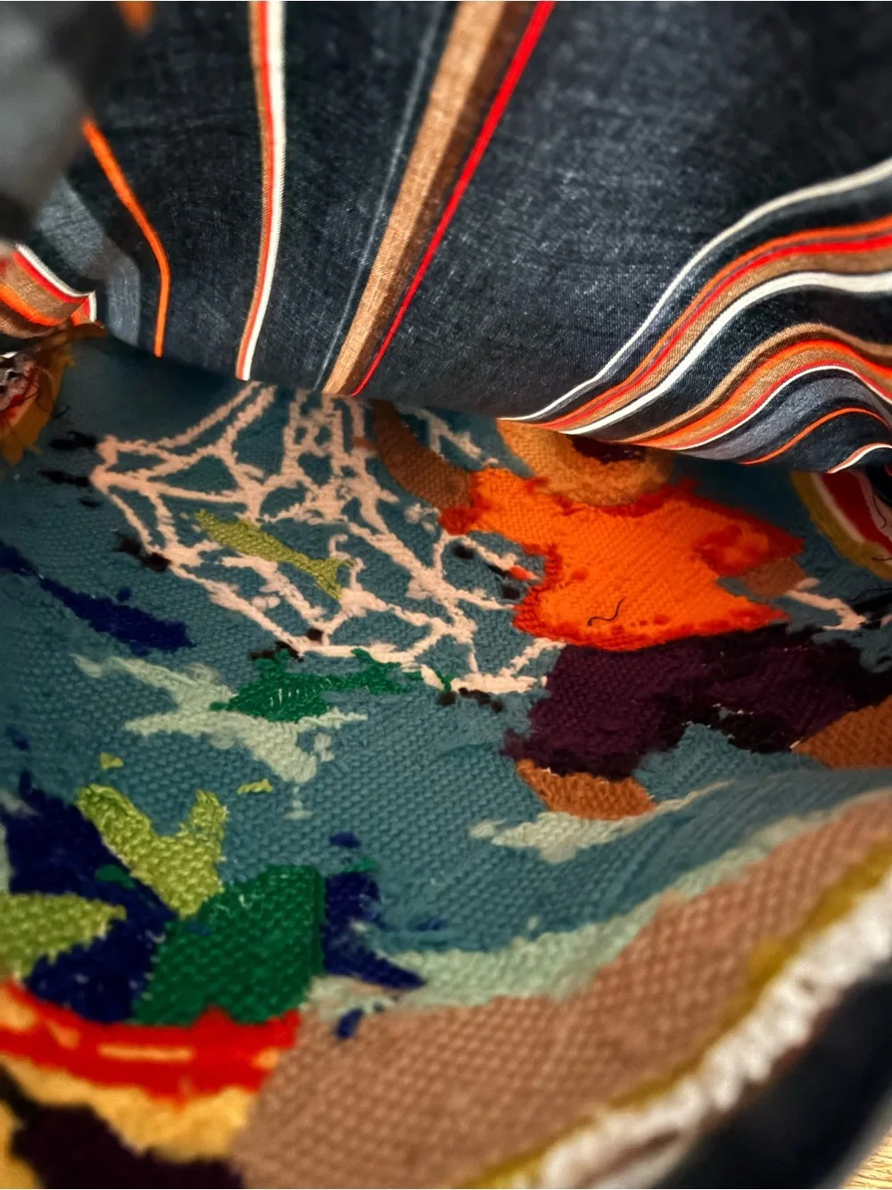 Custom Needlepoint pillow covers with cording, zippers & striped fabric backing